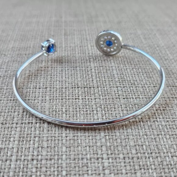 925 Sterling Silver Bracelet Blue Faux Stone Crystal Accent Cuff Wrist Band New - Picture 7 of 12